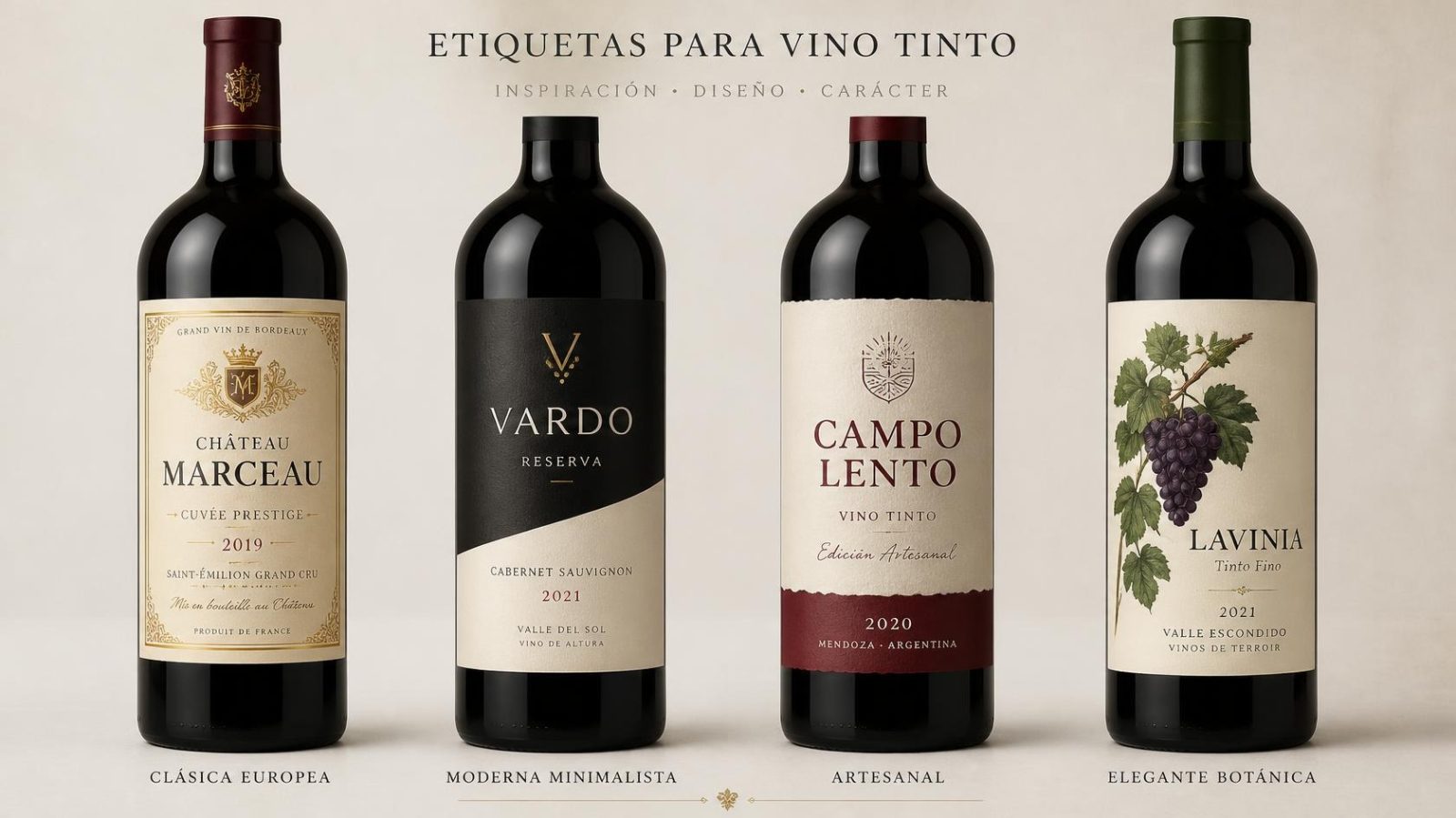 Etiquetas de vinos en botellas de vino tinto