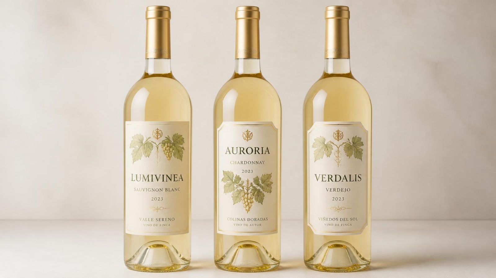 Etiqueta de vino en una botella de vino blanco