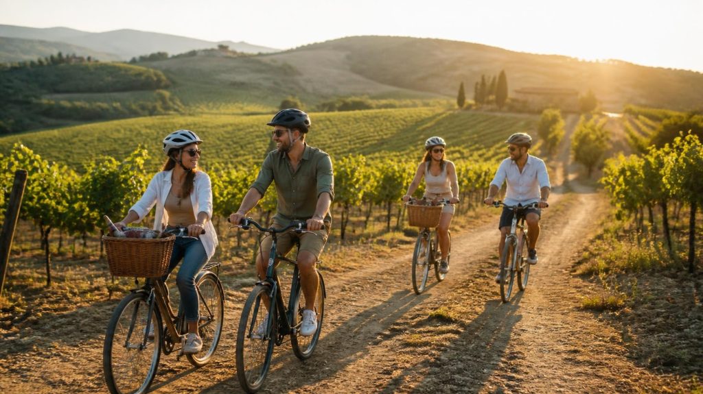 Enoturistas paseando en bicicleta entre viñedos
