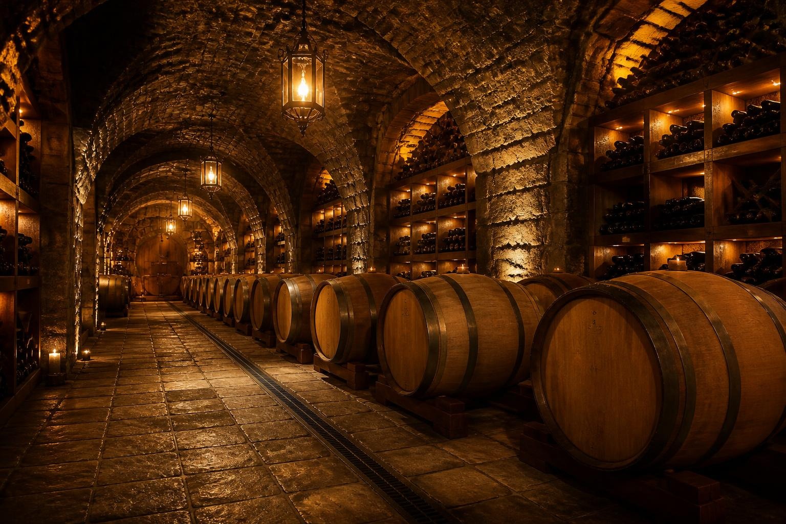 Bodega subterrábea de altos techos y barricas de roble