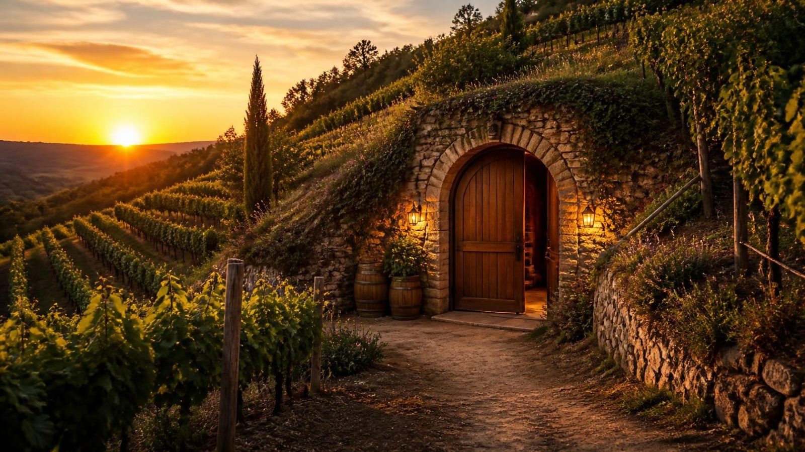 Entrada a una bodega subterránea en la ladera de un viñedo