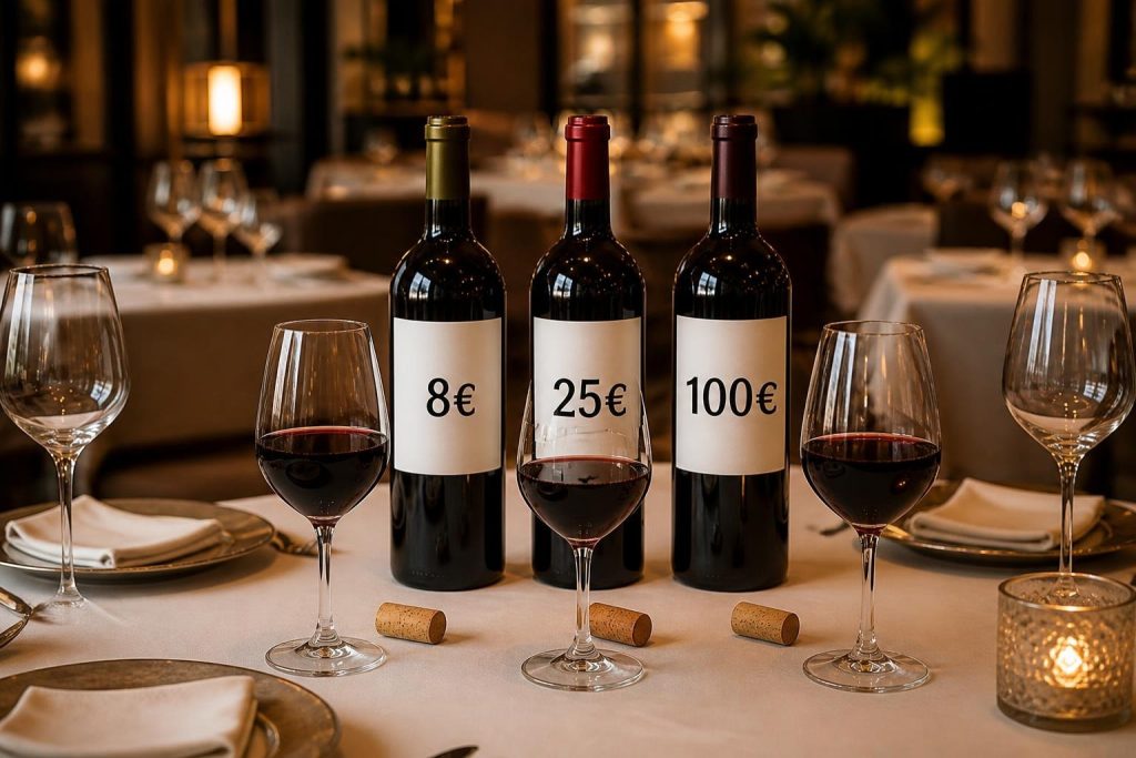 Tres botellas de vino iguales con diferentes precios