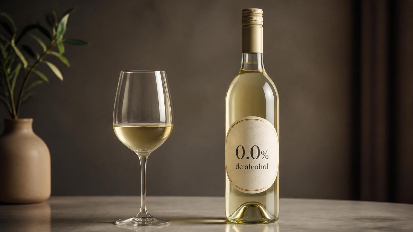 copa y botella de un vino blanco sin alcohol