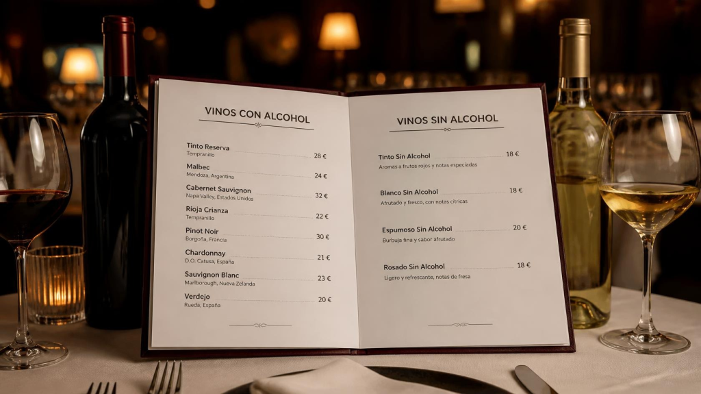 carta de vinos en un restaurante con vinos con alcohol y vinos sin alcohol