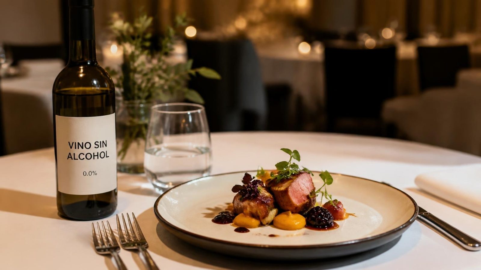 una botella de vino blanco sin alcohol acompañada de un plato de spesacdo en la mesa de un restaurante